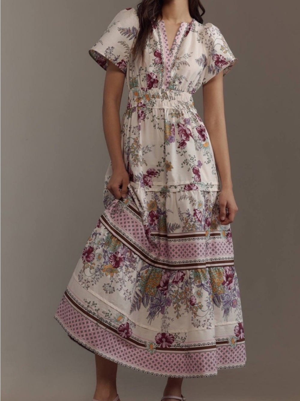 Anthropologie Cream Maxi Dress with Pink and Burgundy Floral Print